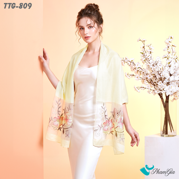 Khăn Choàng Tơ Tằm Gân Cao Cấp Thêu Hoa Mộc Lan Màu Trắng Sang Trọng (TTG809)