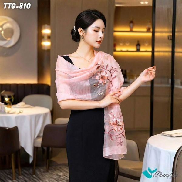 Khăn Choàng Tơ Tằm Gân Cao Cấp Thêu Hoa Mộc Lan Màu Hồng Dâu Sang Trọng (TTG810)