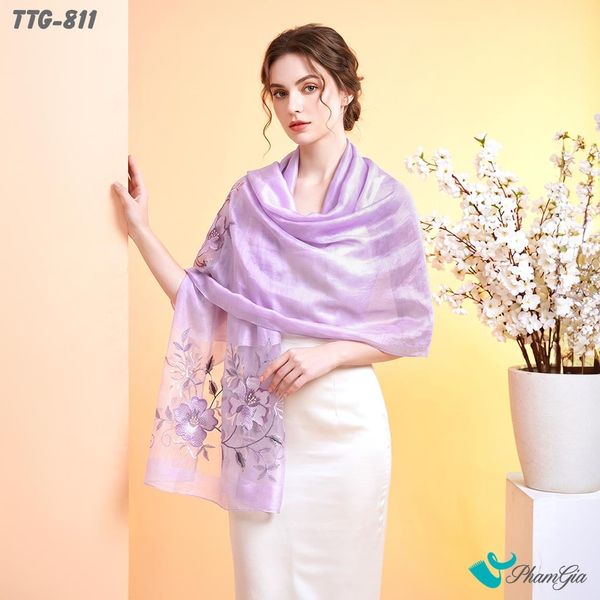 Khăn Choàng Tơ Tằm Gân Cao Cấp Thêu Hoa Mộc Lan Màu Tím Lilac Sang Trọng (TTG811)
