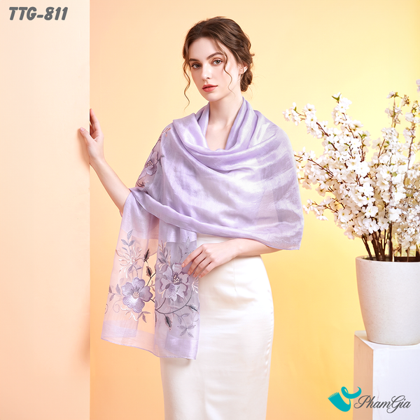 Khăn Choàng Tơ Tằm Gân Cao Cấp Thêu Hoa Mộc Lan Màu Tím Lilac Sang Trọng (TTG811)