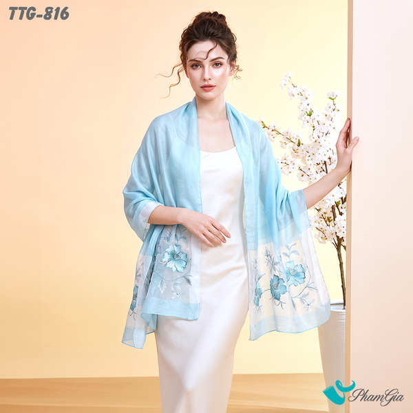 Khăn Choàng Tơ Tằm Gân Cao Cấp Thêu Hoa Mộc Lan Màu Xanh Blue Sang Trọng (TTG816)