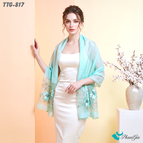 Khăn Choàng Tơ Tằm Gân Cao Cấp Thêu Hoa Mộc Lan Màu Xanh Mint Sang Trọng (TTG817)