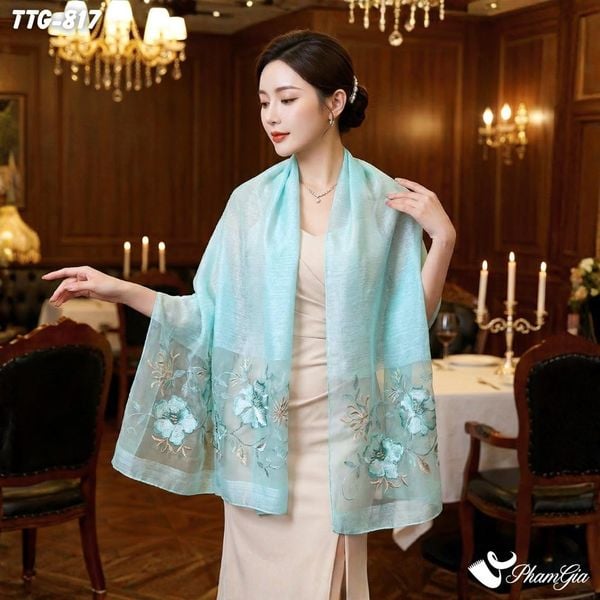 Khăn Choàng Tơ Tằm Gân Cao Cấp Thêu Hoa Mộc Lan Màu Xanh Mint Sang Trọng (TTG817)