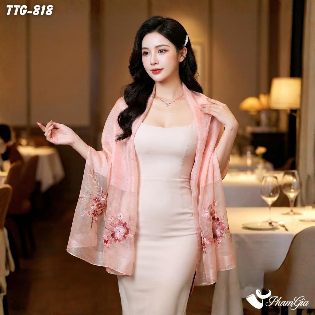 Khăn Choàng Tơ Tằm Gân Cao Cấp Thêu Hoa Mai Màu Hồng Baby Sang Trọng (TTG818)