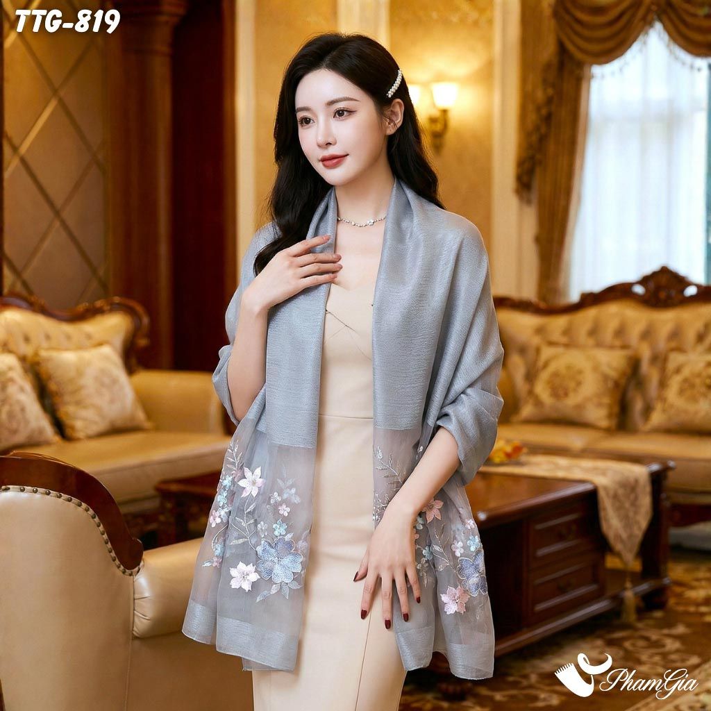 Khăn Choàng Tơ Tằm Gân Cao Cấp Thêu Hoa Mai Màu Xám Khói Sang Trọng (TTG819)