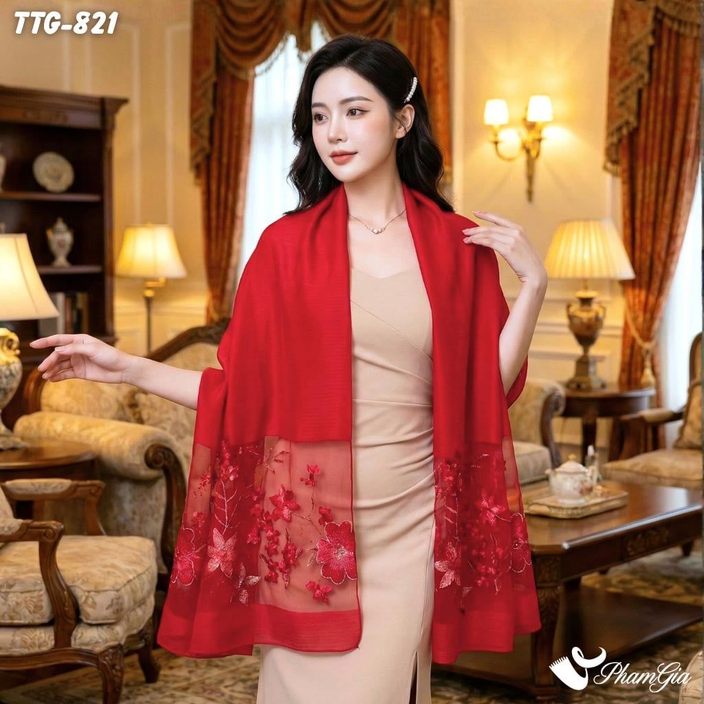 Khăn Choàng Tơ Tằm Gân Cao Cấp Thêu Hoa Mai Màu Đỏ Sang Trọng (TTG821)