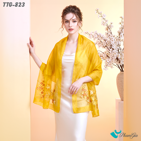 Khăn Choàng Tơ Tằm Gân Cao Cấp Thêu Hoa Mai Màu Vàng Gold Sang Trọng (TTG823)