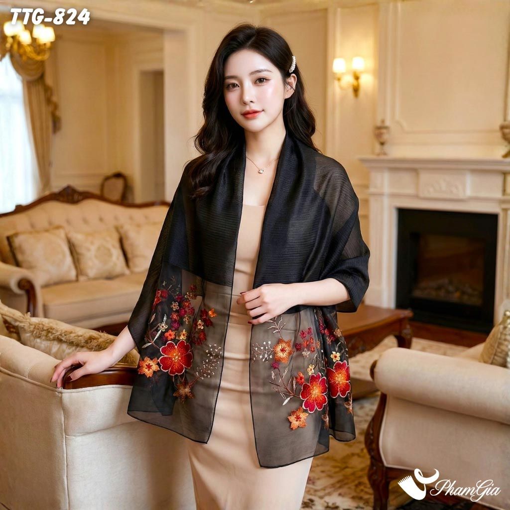 Khăn Choàng Tơ Tằm Gân Cao Cấp Thêu Hoa Mai Màu Đen Sang Trọng (TTG824)