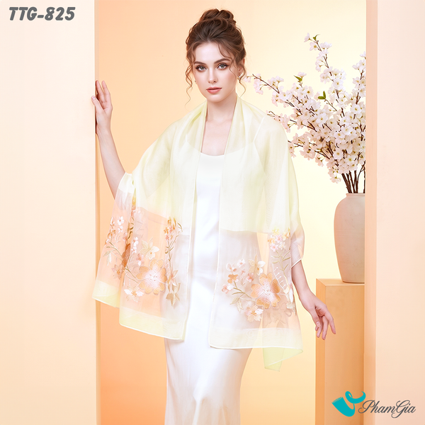 Khăn Choàng Tơ Tằm Gân Cao Cấp Thêu Hoa Mai Màu Trắng Kem Sang Trọng (TTG825)