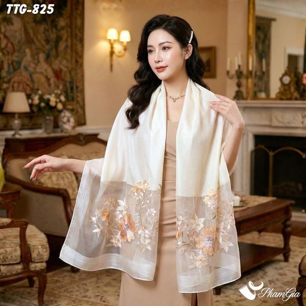 Khăn Choàng Tơ Tằm Gân Cao Cấp Thêu Hoa Mai Màu Trắng Kem Sang Trọng (TTG825)