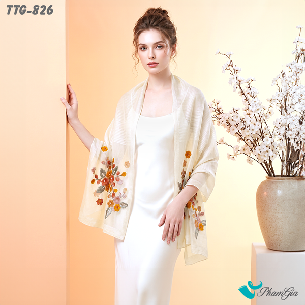 Khăn Choàng Tơ Tằm Gân Cao Cấp Thêu Hoa Cúc Màu Sâm Panh (TTG826)