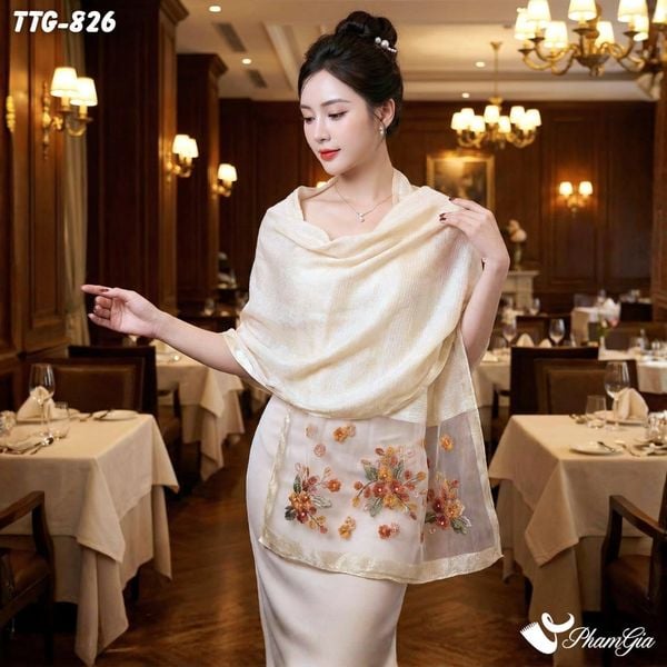 Khăn Choàng Tơ Tằm Gân Cao Cấp Thêu Hoa Cúc Màu Sâm Panh (TTG826)