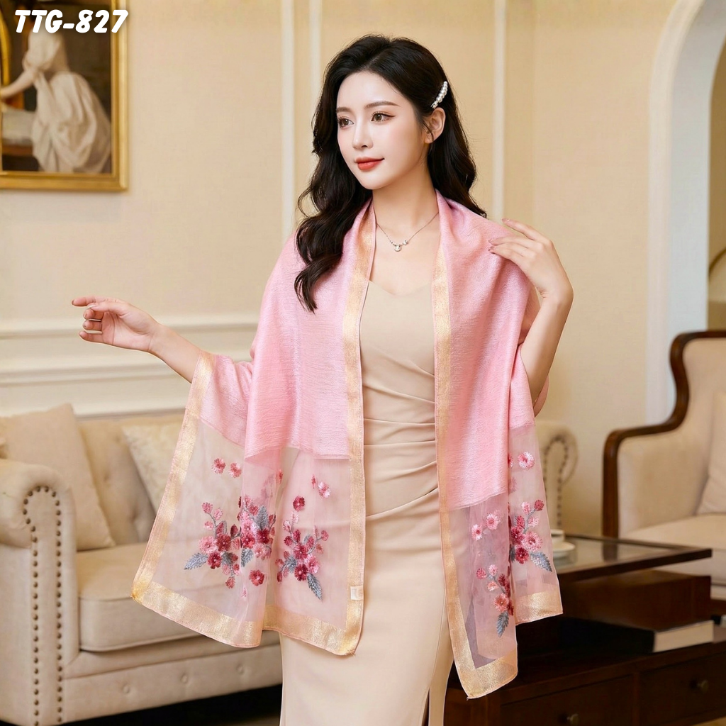 Khăn Choàng Tơ Tằm Gân Cao Cấp Thêu Hoa Cúc Màu Hồng Dâu (TTG827)