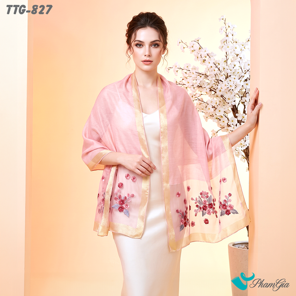 Khăn Choàng Tơ Tằm Gân Cao Cấp Thêu Hoa Cúc Màu Hồng Dâu (TTG827)
