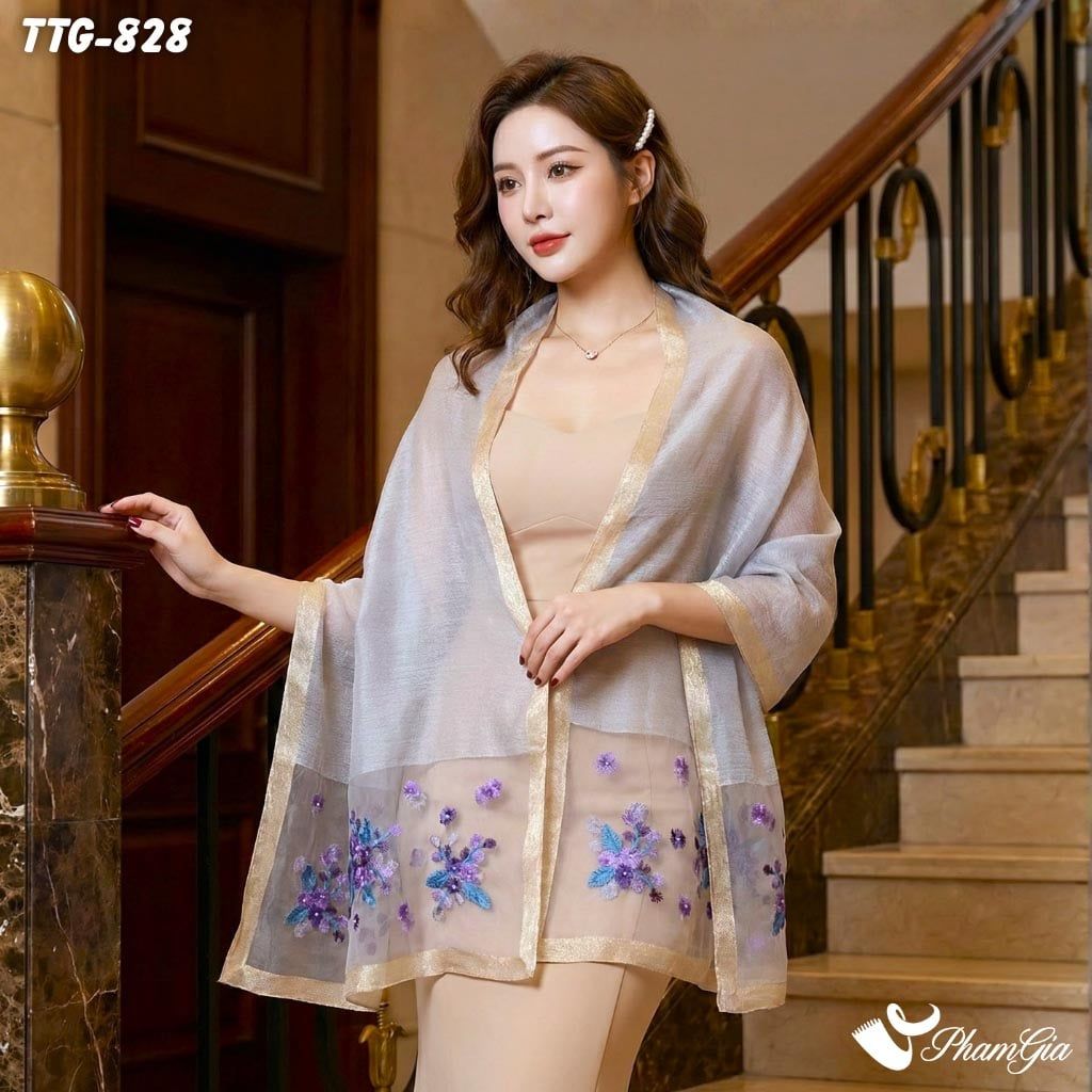 Khăn Choàng Tơ Tằm Gân Cao Cấp Thêu Hoa Cúc Màu Xám Khói (TTG828)