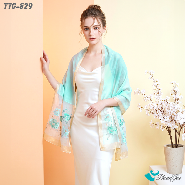 Khăn Choàng Tơ Tằm Gân Cao Cấp Thêu Hoa Sen Màu Xanh Mint Sang Trọng (TTG829)