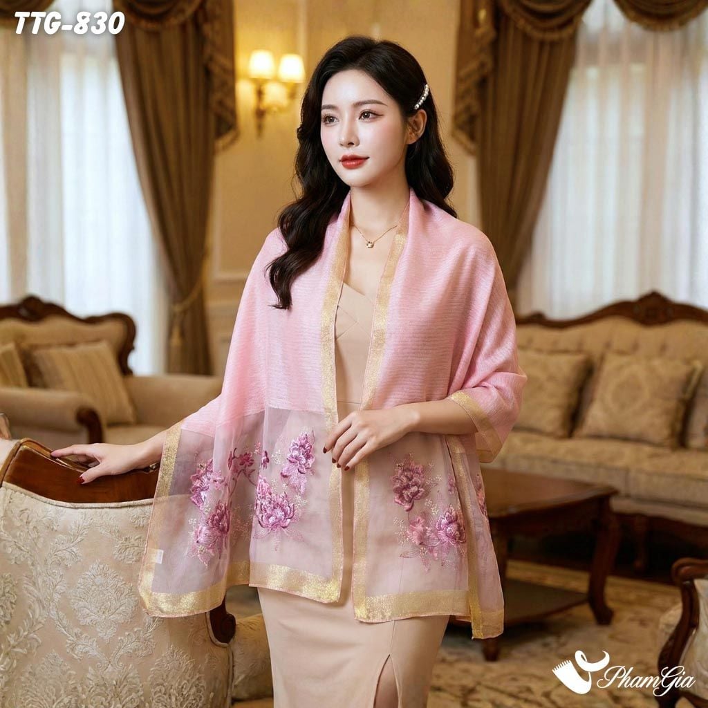 Khăn Choàng Tơ Tằm Gân Cao Cấp Thêu Hoa Sen Màu Hồng Dâu Sang Trọng (TTG830)