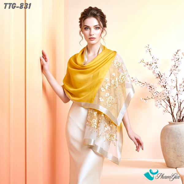 Khăn Choàng Tơ Tằm Gân Cao Cấp Thêu Hoa Sen Màu Vàng Gold Sang Trọng (TTG831)