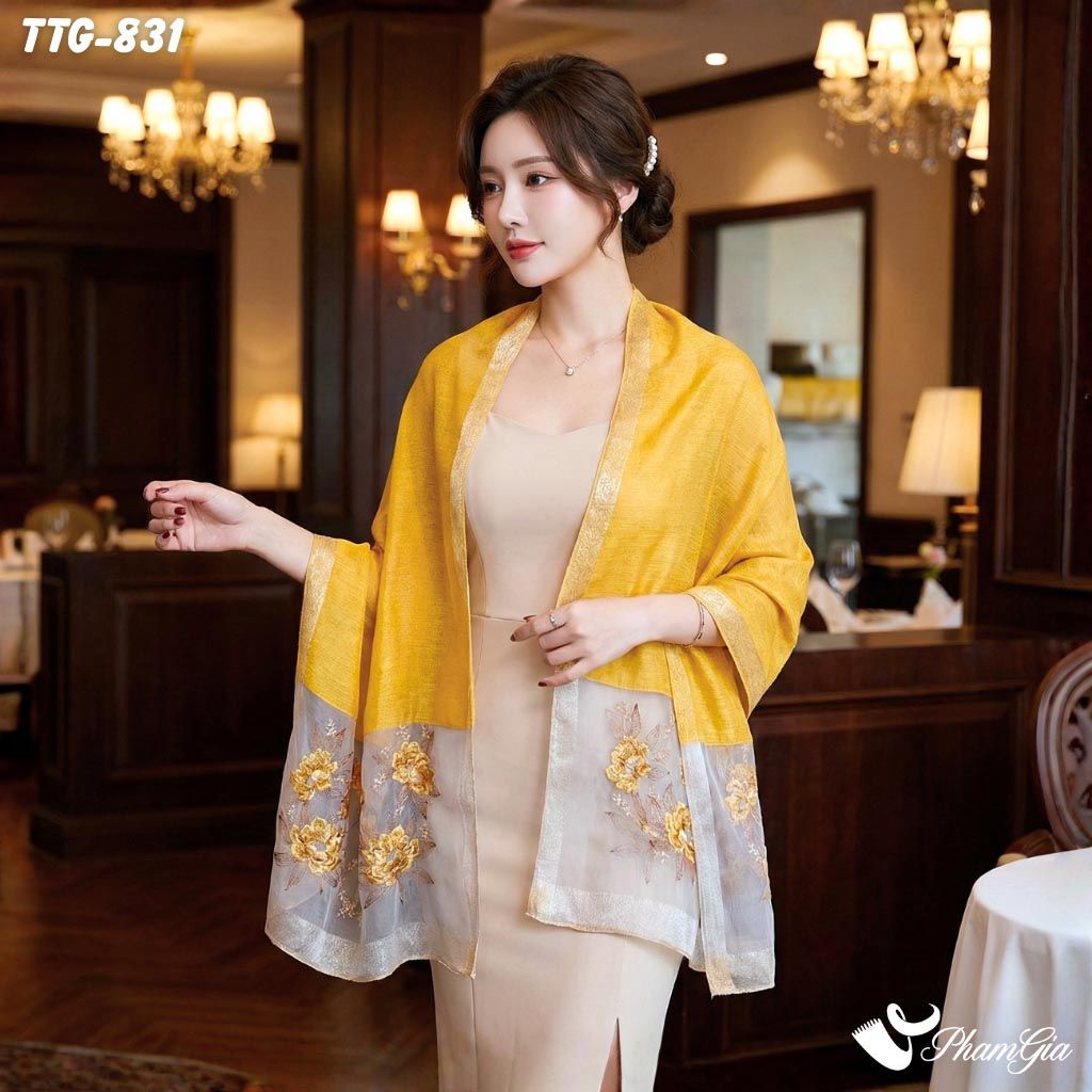 Khăn Choàng Tơ Tằm Gân Cao Cấp Thêu Hoa Sen Màu Vàng Gold Sang Trọng (TTG831)