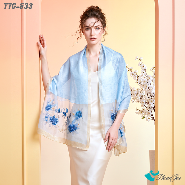 Khăn Choàng Tơ Tằm Gân Cao Cấp Thêu Hoa Sen Màu Xanh Blue Sang Trọng (TTG833)