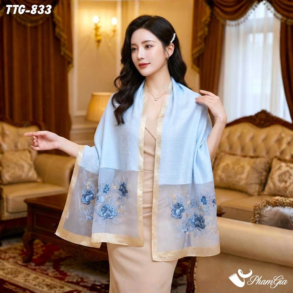 Khăn Choàng Tơ Tằm Gân Cao Cấp Thêu Hoa Sen Màu Xanh Blue Sang Trọng (TTG833)