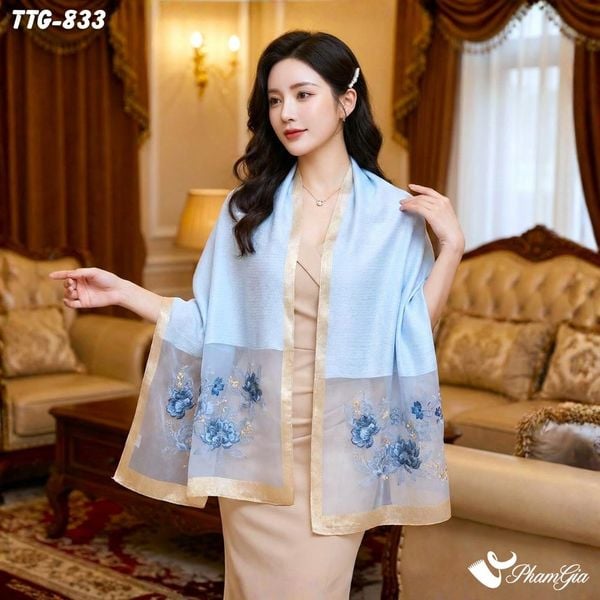 Khăn Choàng Tơ Tằm Gân Cao Cấp Thêu Hoa Sen Màu Xanh Blue Sang Trọng (TTG833)