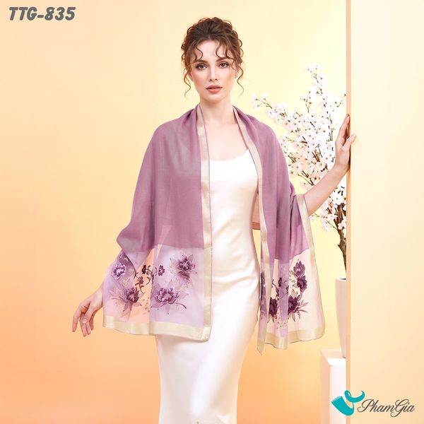 Khăn Choàng Tơ Tằm Gân Cao Cấp Thêu Hoa Sen Màu Tím Nho Sang Trọng (TTG835)