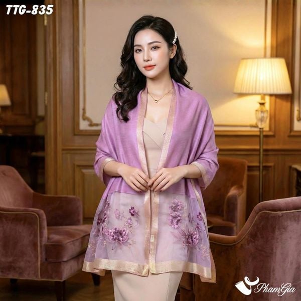 Khăn Choàng Tơ Tằm Gân Cao Cấp Thêu Hoa Sen Màu Tím Nho Sang Trọng (TTG835)