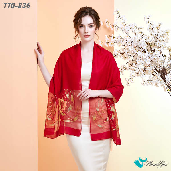 Khăn Choàng Tơ Tằm Gân Cao Cấp Thêu Kết Đính Họa Tiết Xoắn Ốc Màu Đỏ Thanh Lịch (TTG836)