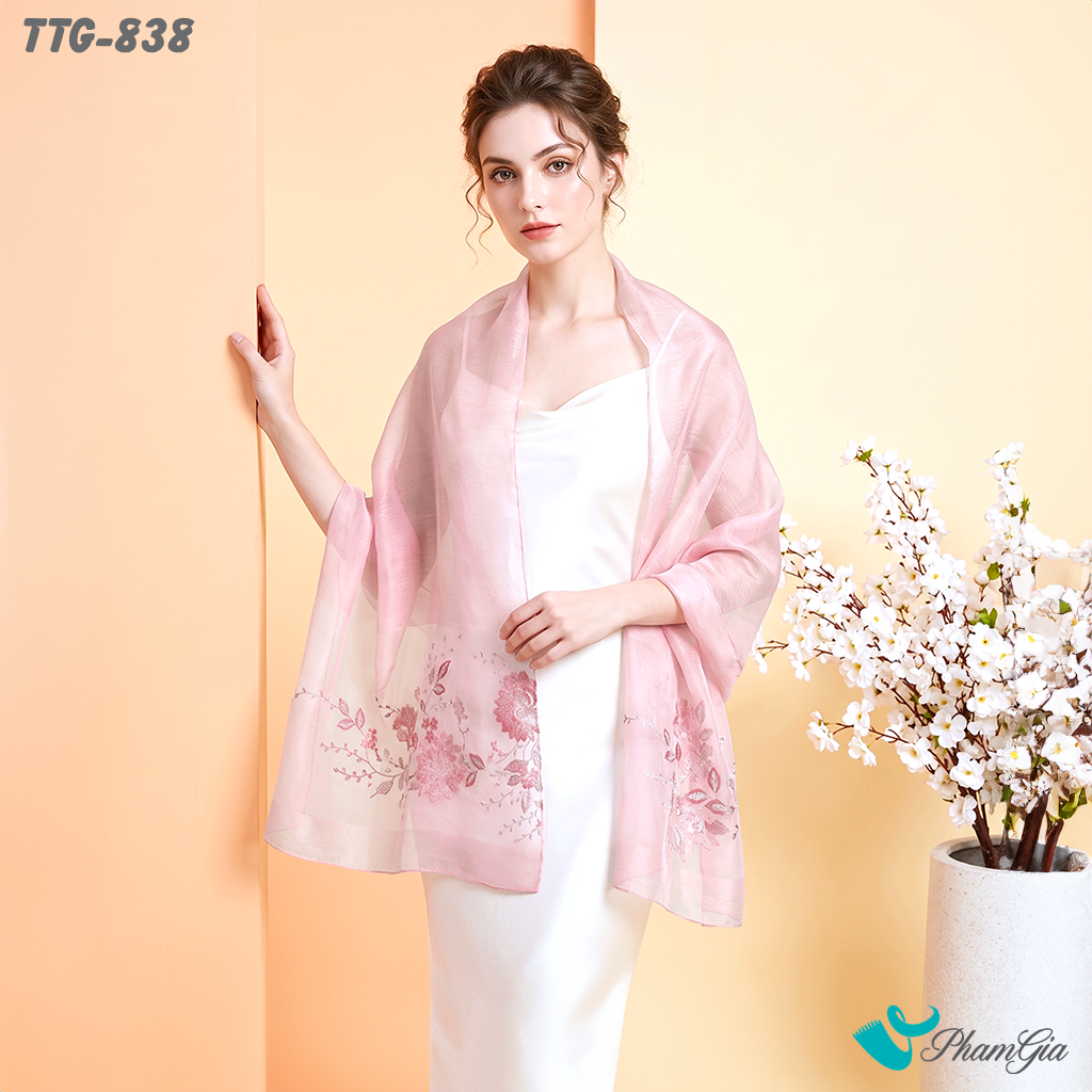 Khăn Choàng Tơ Tằm Gân Cao Cấp Thêu Hoa Cúc Đại Đóa Màu Hồng Baby Trang (TTG838)
