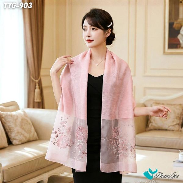 Khăn Choàng Tơ Tằm Gân Cao Cấp Thêu Hoa Cúc Đại Đóa Màu Hồng Baby Trang (TTG903)