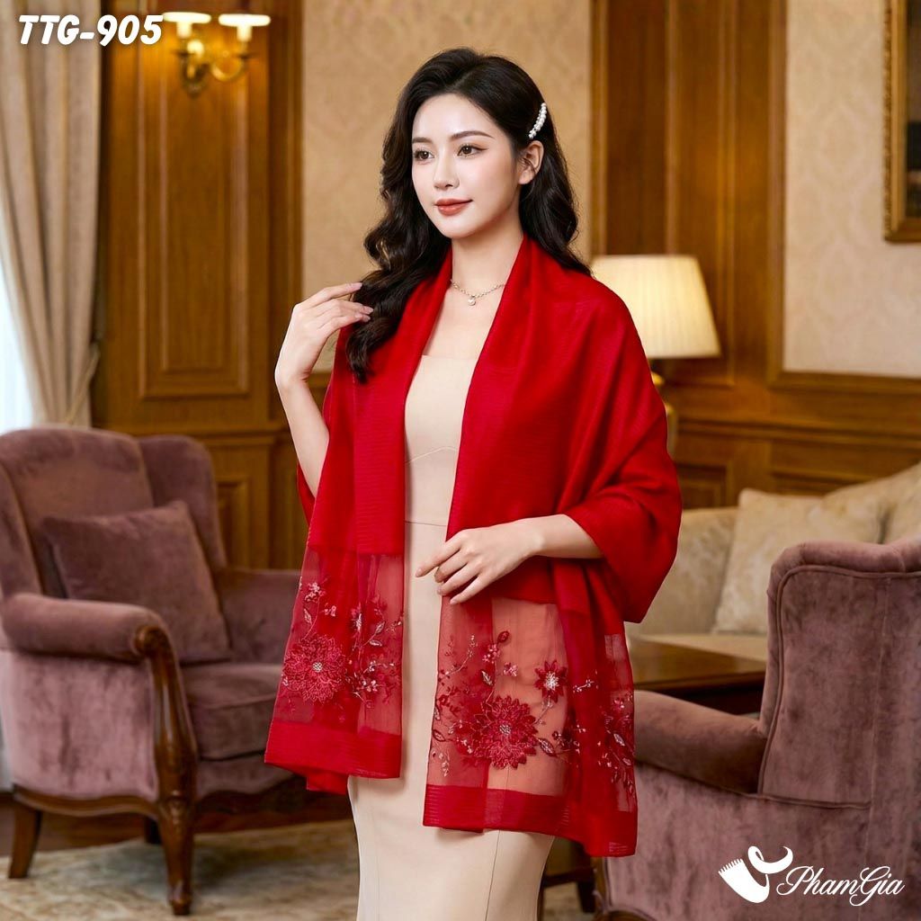 Khăn Choàng Tơ Tằm Gân Cao Cấp Thêu Hoa Cúc Đại Đóa Màu Đỏ Quý Phái (TTG905)