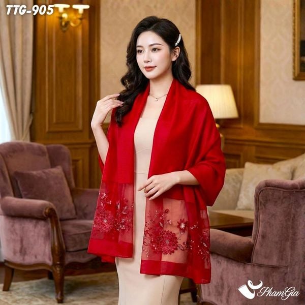 Khăn Choàng Tơ Tằm Gân Cao Cấp Thêu Hoa Cúc Đại Đóa Màu Đỏ Quý Phái (TTG905)