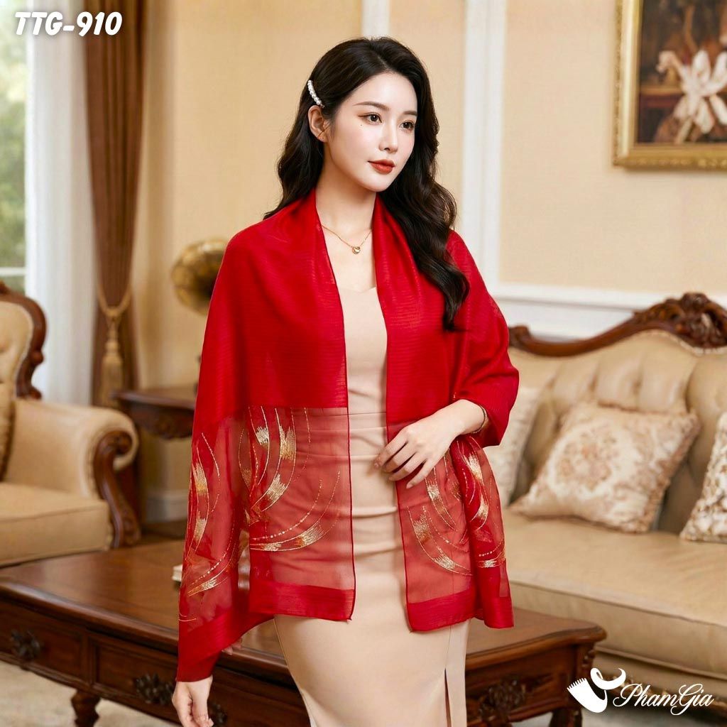 Khăn Choàng Tơ Tằm Gân Cao Cấp Thêu Kết Đính Họa Tiết Xoắn Ốc Màu Đỏ Thanh Lịch (TTG910)