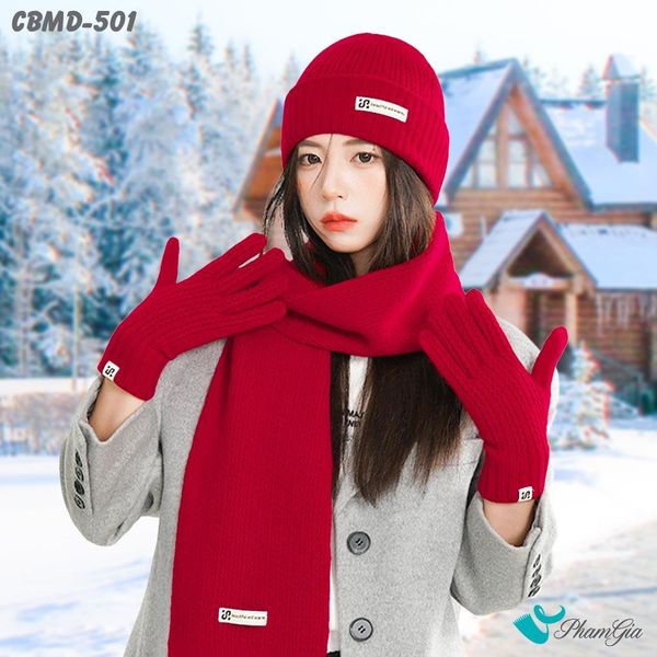 Combo Giữ Ấm Chuyên Dụng Gồm Khăn Len - Nón Len - Găng Tay Len Siêu Dày Màu Đỏ (CBMD501)