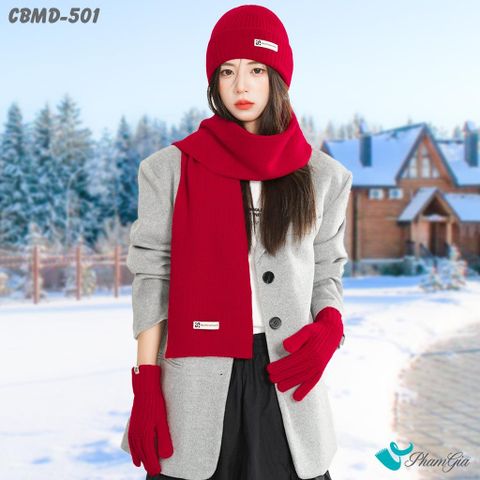 Combo Giữ Ấm Chuyên Dụng Gồm Khăn Len - Nón Len - Găng Tay Len Siêu Dày Màu Đỏ (CBMD501)