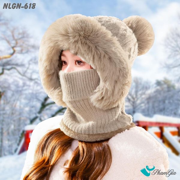 Nón Len Phối Lông Giữ Nhiệt Chuyên Dụng 2 Lớp Tích Hợp Khẩu Trang Giữ Ấm Cao Cấp Màu Beige (NLGN618)