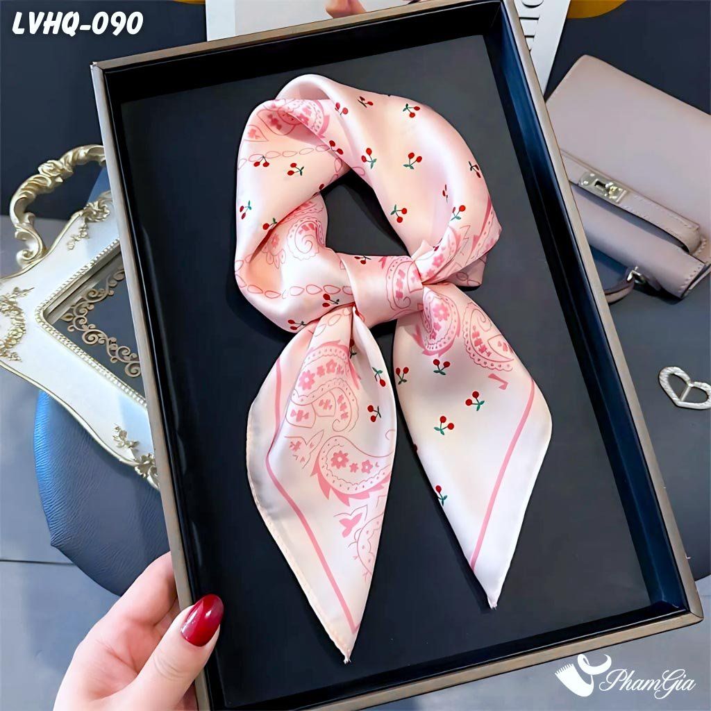Khăn Lụa Vuông 70*70Cm Phong Cách Hàn Quốc Họa Tiết Cherry Màu Hồng Baby (LVHQ090)