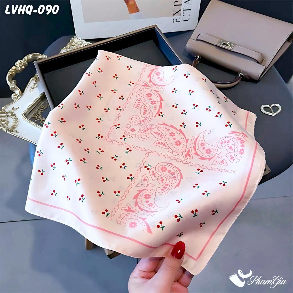 Khăn Lụa Vuông 70*70Cm Phong Cách Hàn Quốc Họa Tiết Cherry Màu Hồng Baby (LVHQ090)