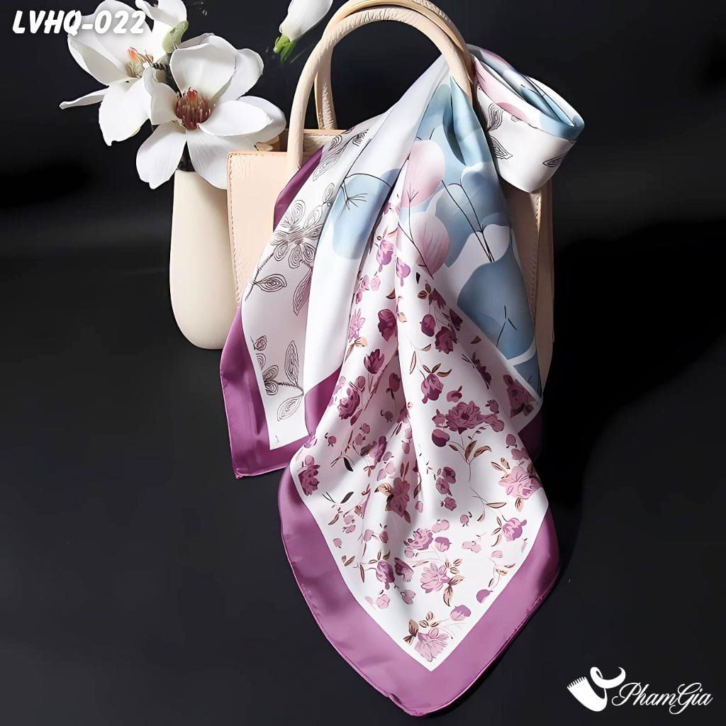 Khăn Lụa Vuông 70*70Cm Phong Cách Hàn Quốc Họa Tiết Hoa Bốn Mùa Viền Tím (LVHQ022)