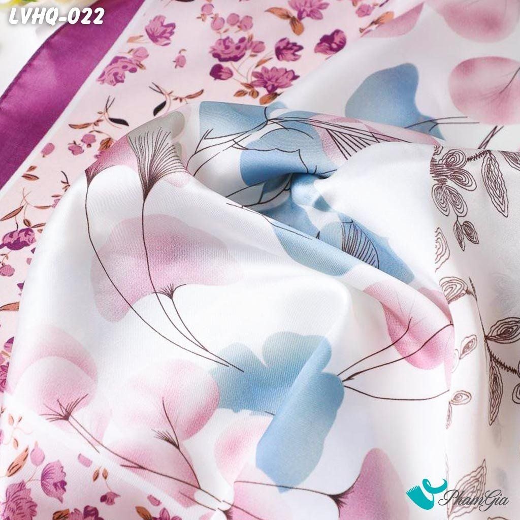 Khăn Lụa Vuông 70*70Cm Phong Cách Hàn Quốc Họa Tiết Hoa Bốn Mùa Viền Tím (LVHQ022)