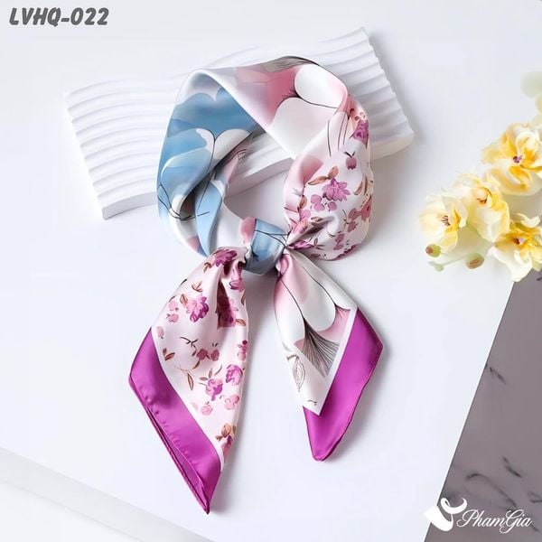 Khăn Lụa Vuông 70*70Cm Phong Cách Hàn Quốc Họa Tiết Hoa Bốn Mùa Viền Tím (LVHQ022)