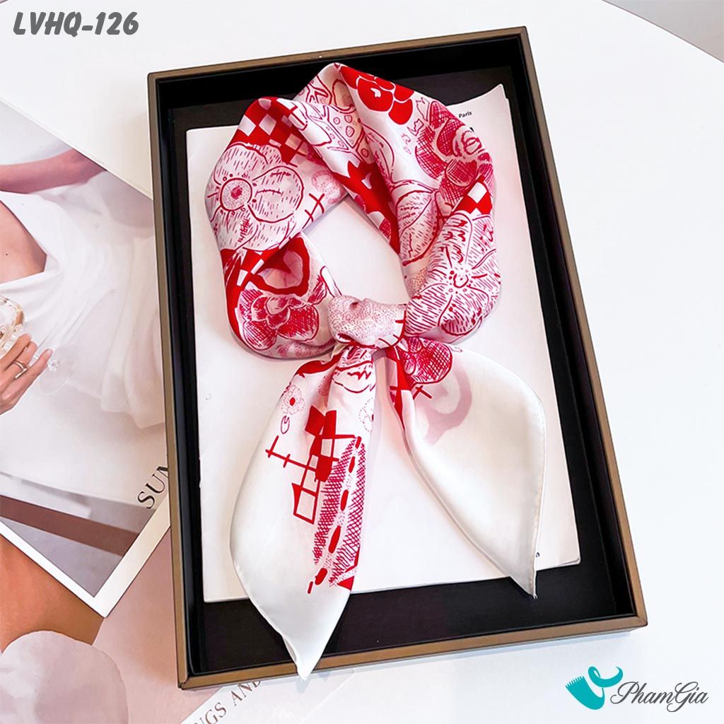 Khăn Lụa Vuông 70*70Cm Phong Cách Hàn Quốc Họa Tiết Hoa Mai Cách Điệu Màu Đỏ (LVHQ126)