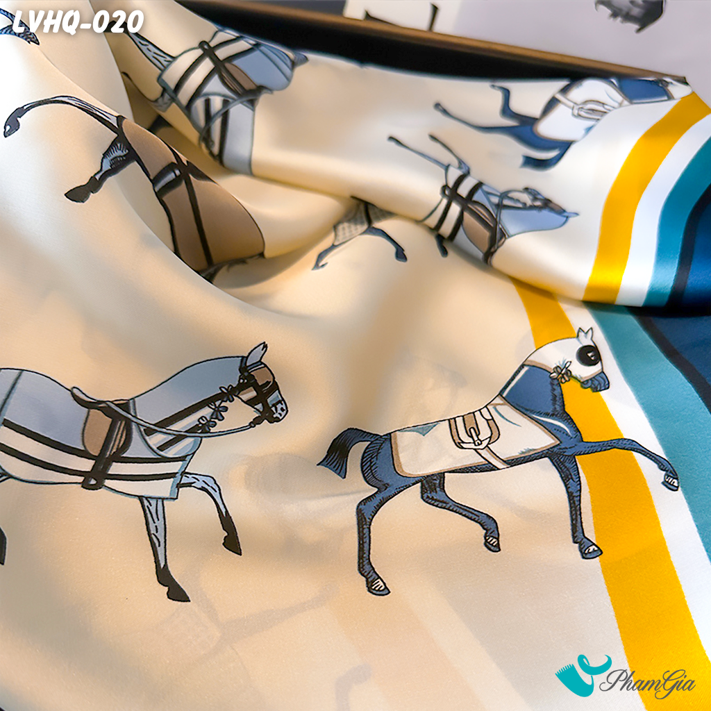 Khăn Lụa Vuông 70*70Cm Phong Cách Hàn Quốc Họa Tiết Ngựa Kỵ Sĩ Viền Xanh (LVHQ020)