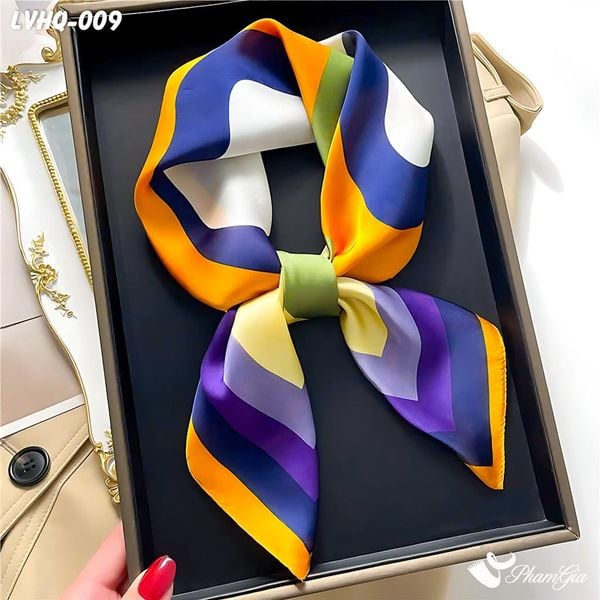 Khăn Lụa Vuông 70*70cm Phong Cách Hàn Quốc Họa Tiết Lập Thể Màu Vàng - Xanh (LVHQ009)
