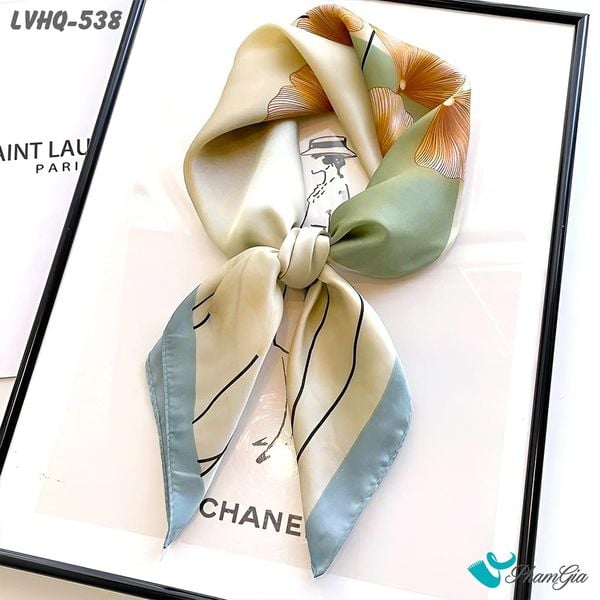 Khăn Lụa Vuông 70*70cm Phong Cách Hàn Quốc Họa Tiết Rẻ Quạt Màu Xanh Mint (LVHQ538)