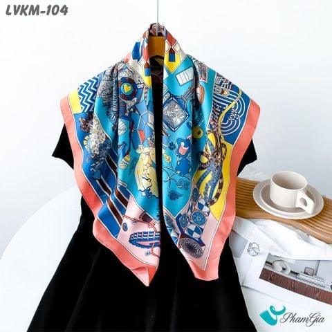 Khăn Lụa Vuông 90*90Cm Cao Cấp Họa Tiết Nghệ Thuật Phối Màu Viền Hồng Cá Tính (LVKM104)