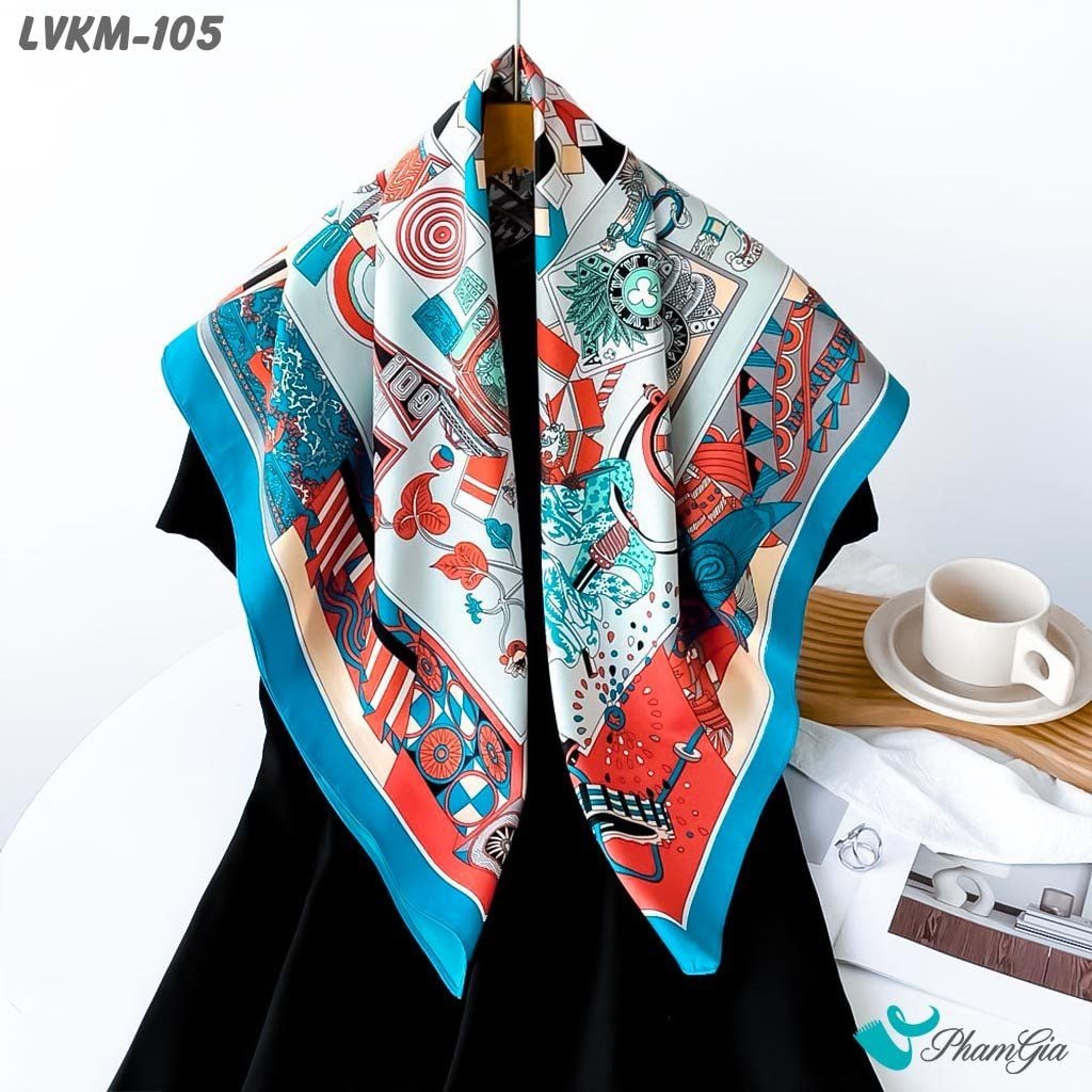 Khăn Lụa Vuông 90*90Cm Cao Cấp Họa Tiết Nghệ Thuật Phối Màu Viền Xanh Cá Tính (LVKM105)
