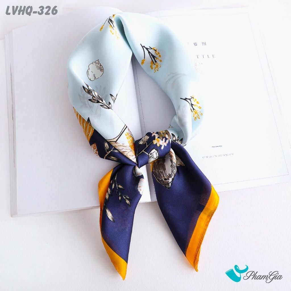 Góc Thẳng Khăn Lụa Vuông 70*70cm Phong Cách Hàn Quốc Họa Tiết Hoa Lá Màu Xanh Viền Vàng