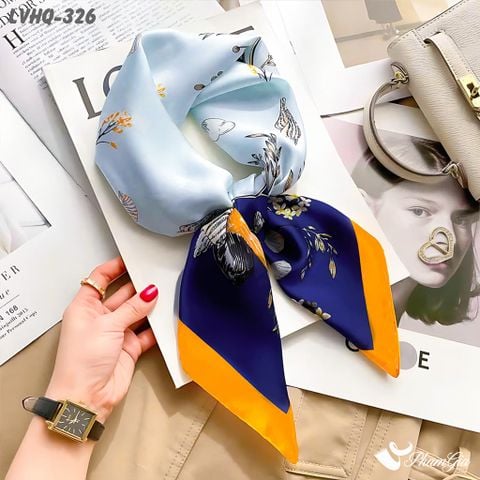 Khăn Lụa Vuông 70*70cm Phong Cách Hàn Quốc Họa Tiết Hoa Lá Màu Xanh Viền Vàng